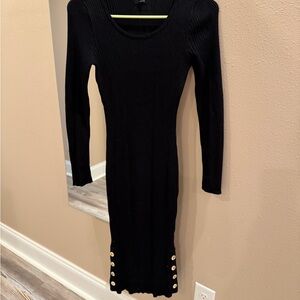 Elegant Black Long Sleeve Dress with Gold Button Details